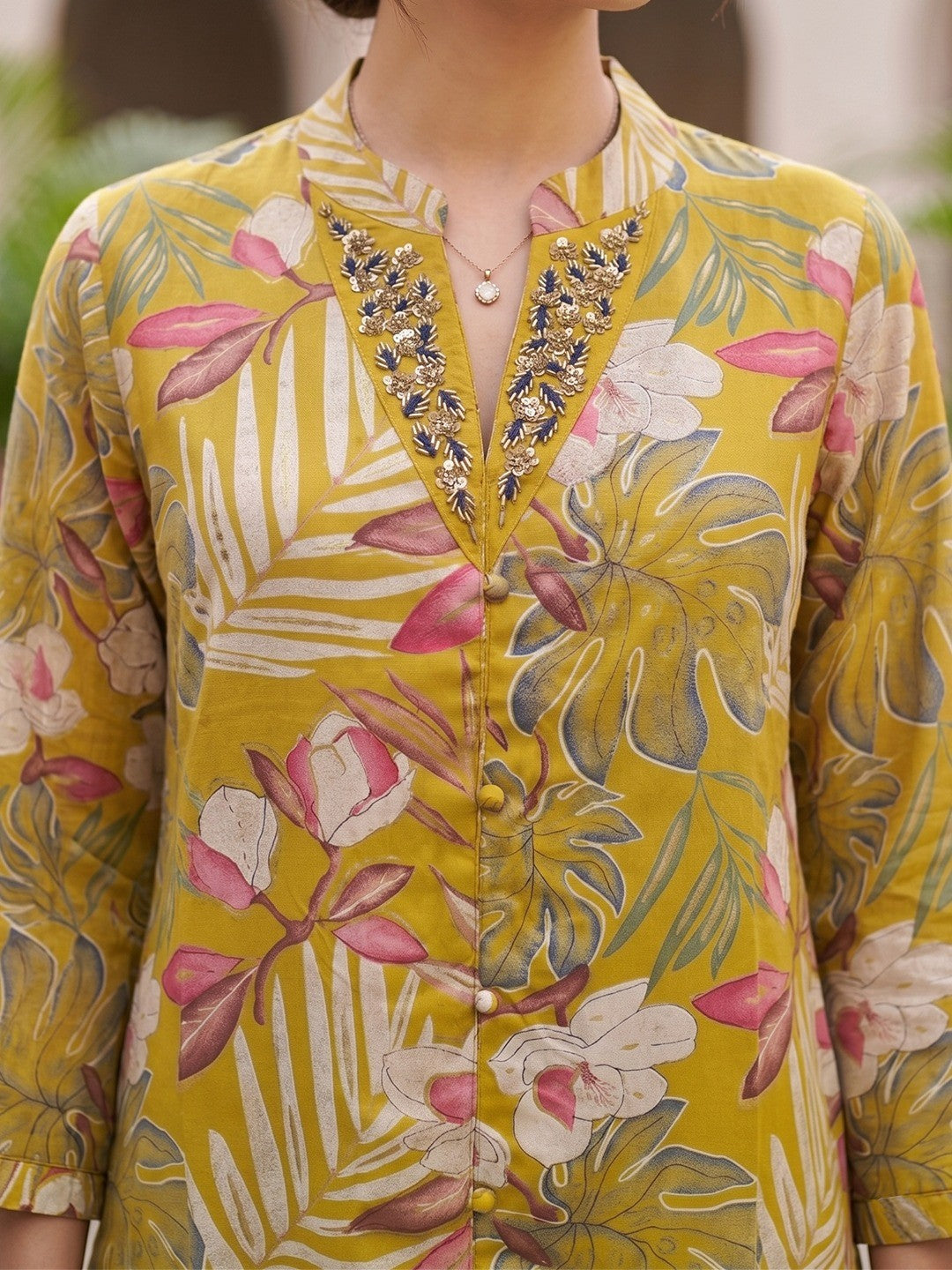 Mustard Floral Printed Rayon Top Bottom Set with Bead Work on Neck Stylish Ethnic Wear - Image 2