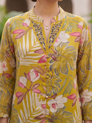 Mustard Floral Printed Rayon Top Bottom Set with Bead Work on Neck Stylish Ethnic Wear - Image 2