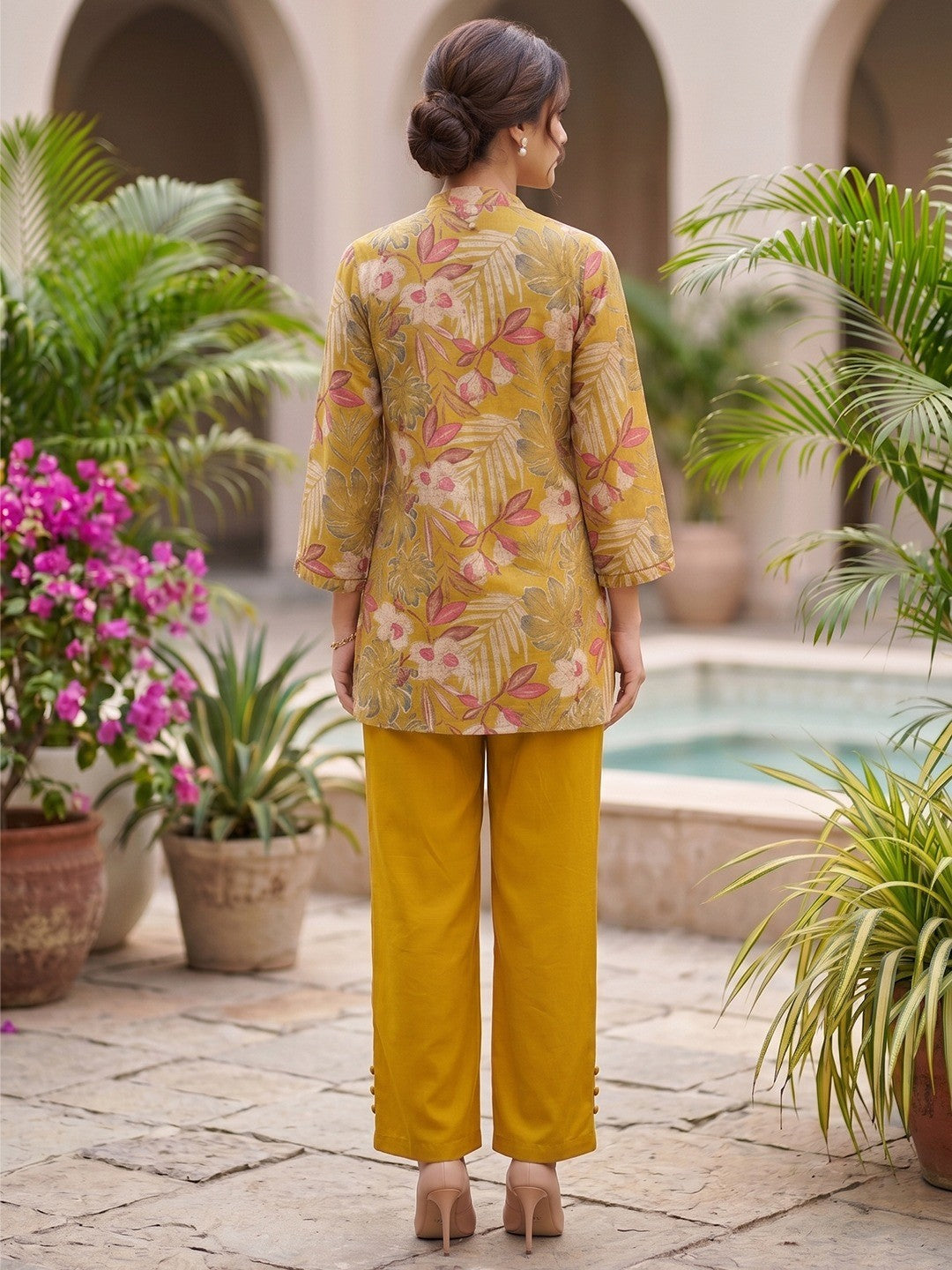 Mustard Floral Printed Rayon Top Bottom Set with Bead Work on Neck Stylish Ethnic Wear - Image 3