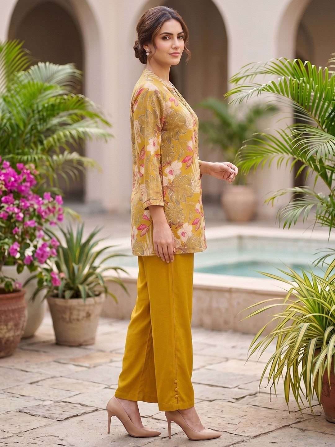 Mustard Floral Printed Rayon Top Bottom Set with Bead Work on Neck Stylish Ethnic Wear - Image 4