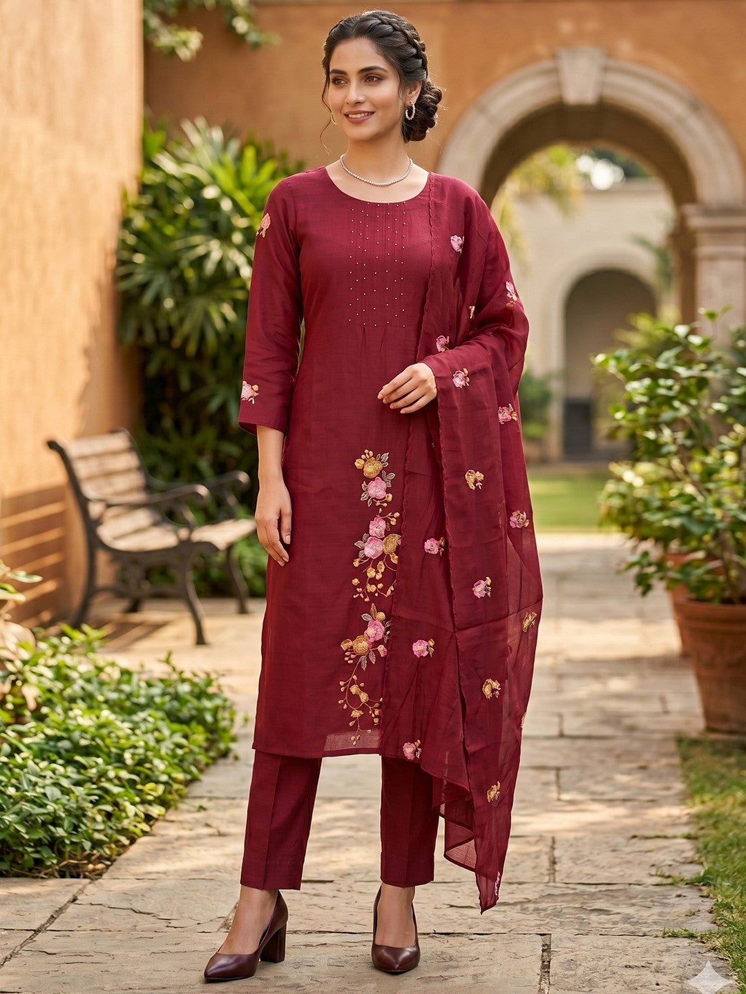 Maroon Floral Embroidered Mul Chanderi Straight Fit Salwar Suit Elegant Ethnic Wear - Image 1