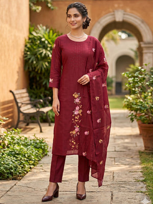Maroon Floral Embroidered Mul Chanderi Straight Fit Salwar Suit Elegant Ethnic Wear - Image 1