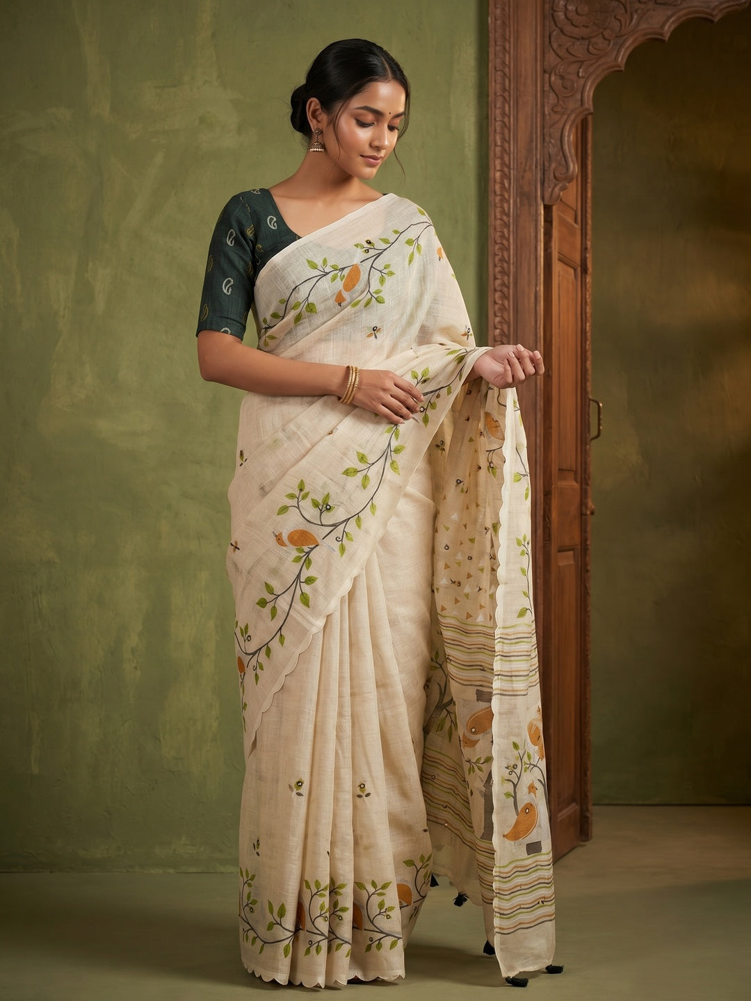 Stylish Cream Linen Saree with Multicolor Printed Motifs Minimal Elegant Look - Image 1