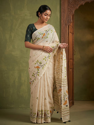 Stylish Cream Linen Saree with Multicolor Printed Motifs Minimal Elegant Look - Image 1