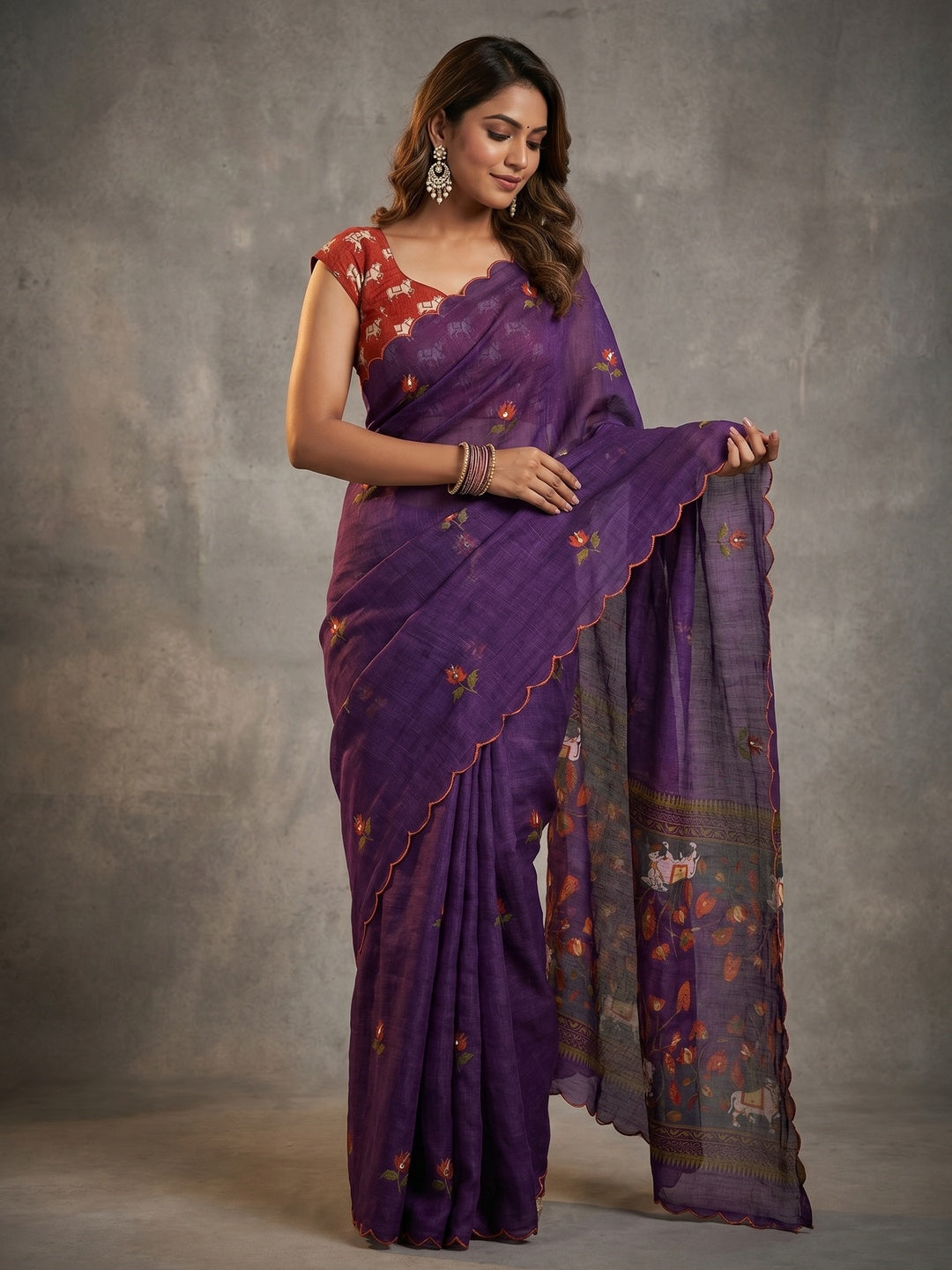 Stylish Purple Linen Saree with Multicolor Printed Motifs Minimal Elegant Look - Image 1