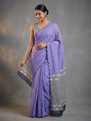 Stylish Lavender Linen Saree with Multicolor Printed Motifs Minimal Elegant Look - Image 1