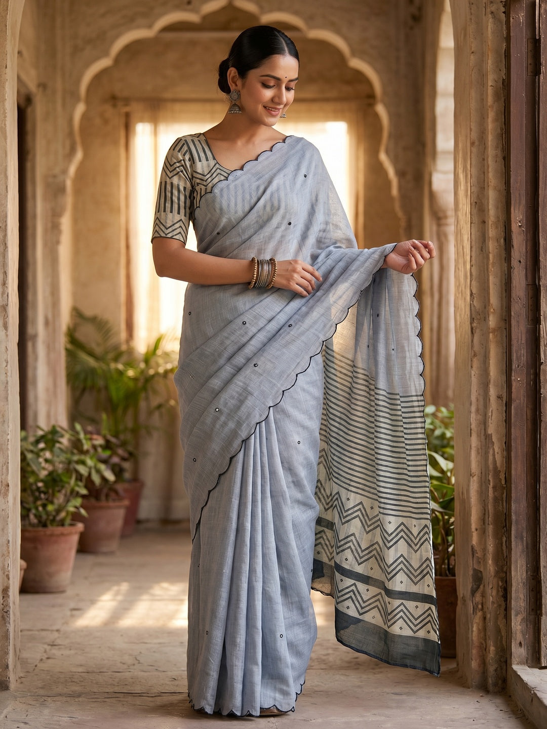 Stylish Grey Linen Saree with Multicolor Printed Motifs Minimal Elegant Look - Image 1