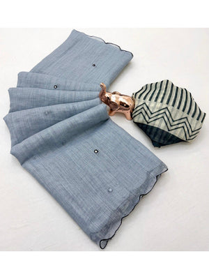Stylish Grey Linen Saree with Multicolor Printed Motifs Minimal Elegant Look - Image 2