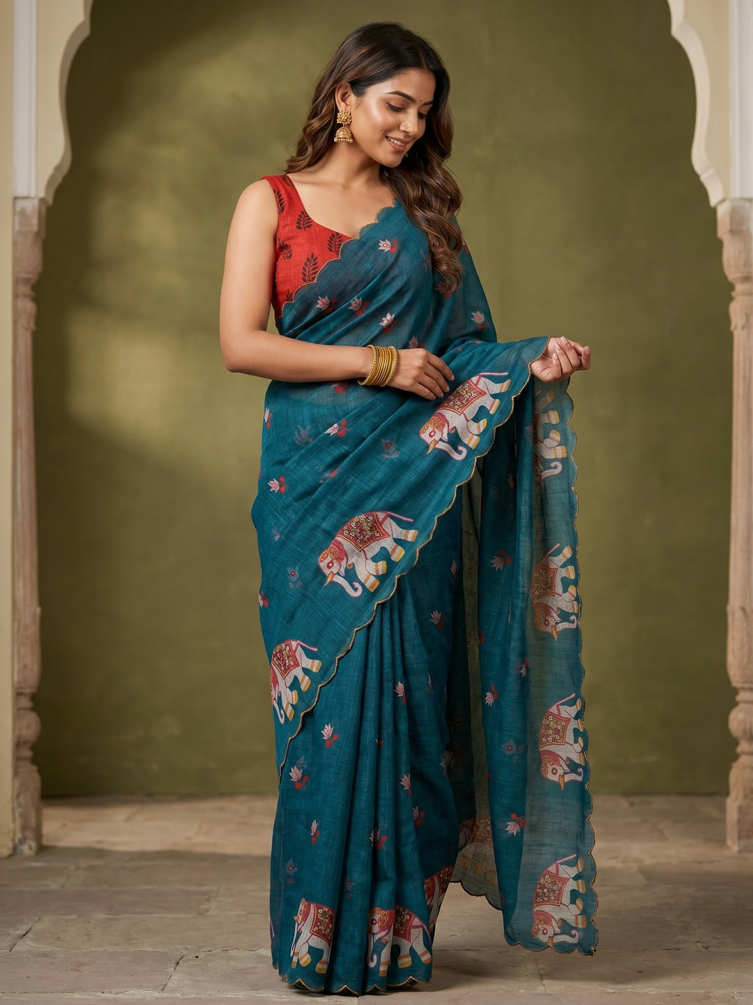 Stylish Teal Linen Saree with Multicolor Printed Motifs Minimal Elegant Look - Image 1