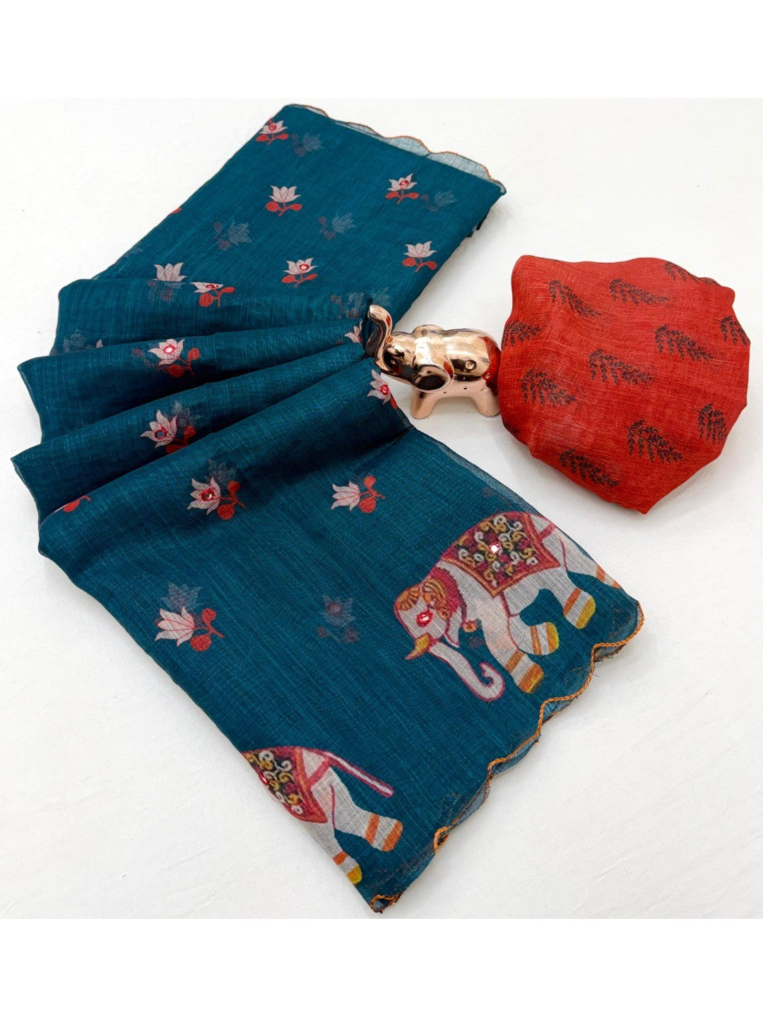 Stylish Teal Linen Saree with Multicolor Printed Motifs Minimal Elegant Look - Image 3