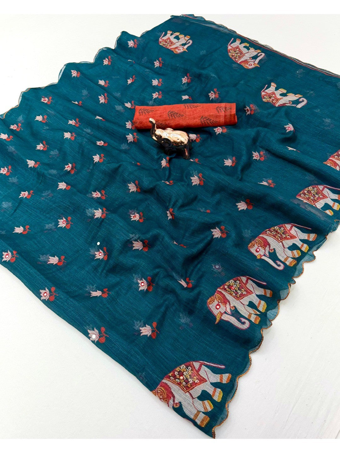 Stylish Teal Linen Saree with Multicolor Printed Motifs Minimal Elegant Look - Image 2