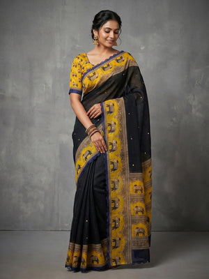 Stylish Black Linen Saree with Multicolor Printed Motifs Minimal Elegant Look - Image 1