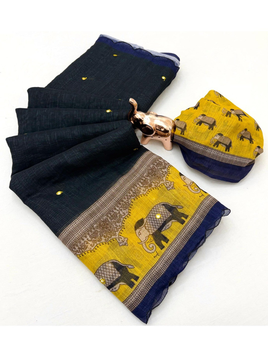 Stylish Black Linen Saree with Multicolor Printed Motifs Minimal Elegant Look - Image 3