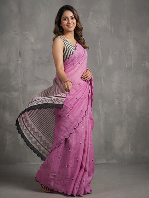 Stylish Pink Linen Saree with Multicolor Printed Motifs Minimal Elegant Look - Image 1