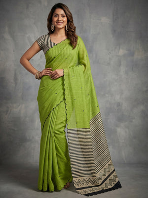 Stylish Green Linen Saree with Multicolor Printed Motifs Minimal Elegant Look - Image 1