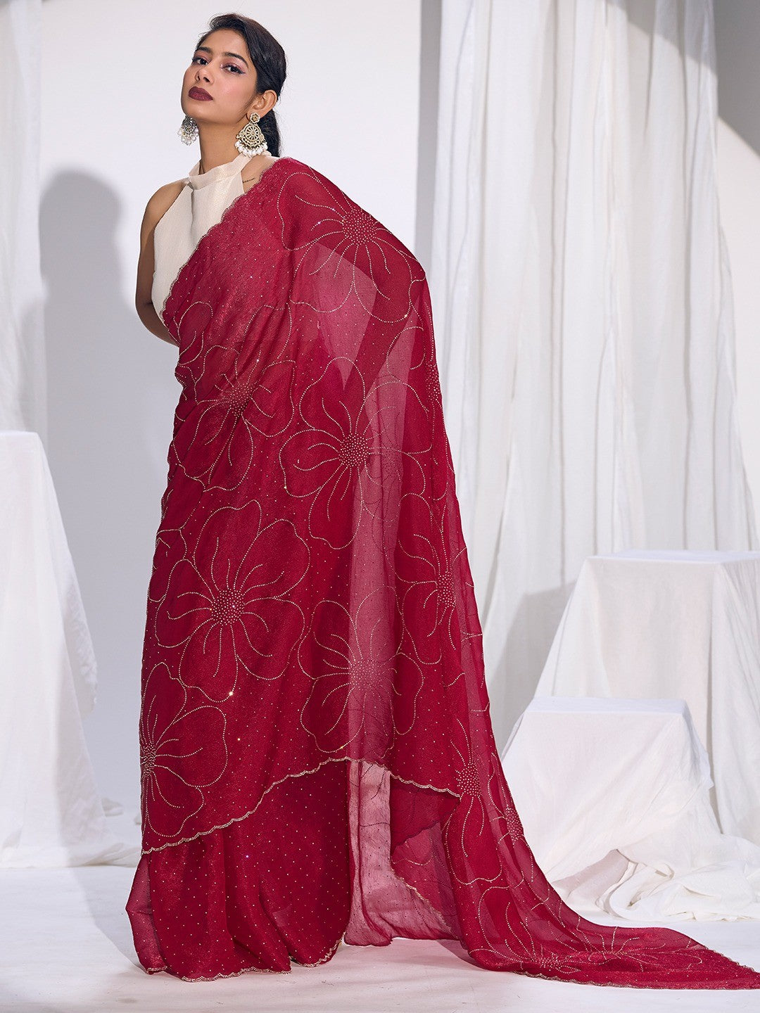 Stunning Cherry Red Satin Silk Saree Highlighting Floral Stone Work Craftsmanship - Image 1