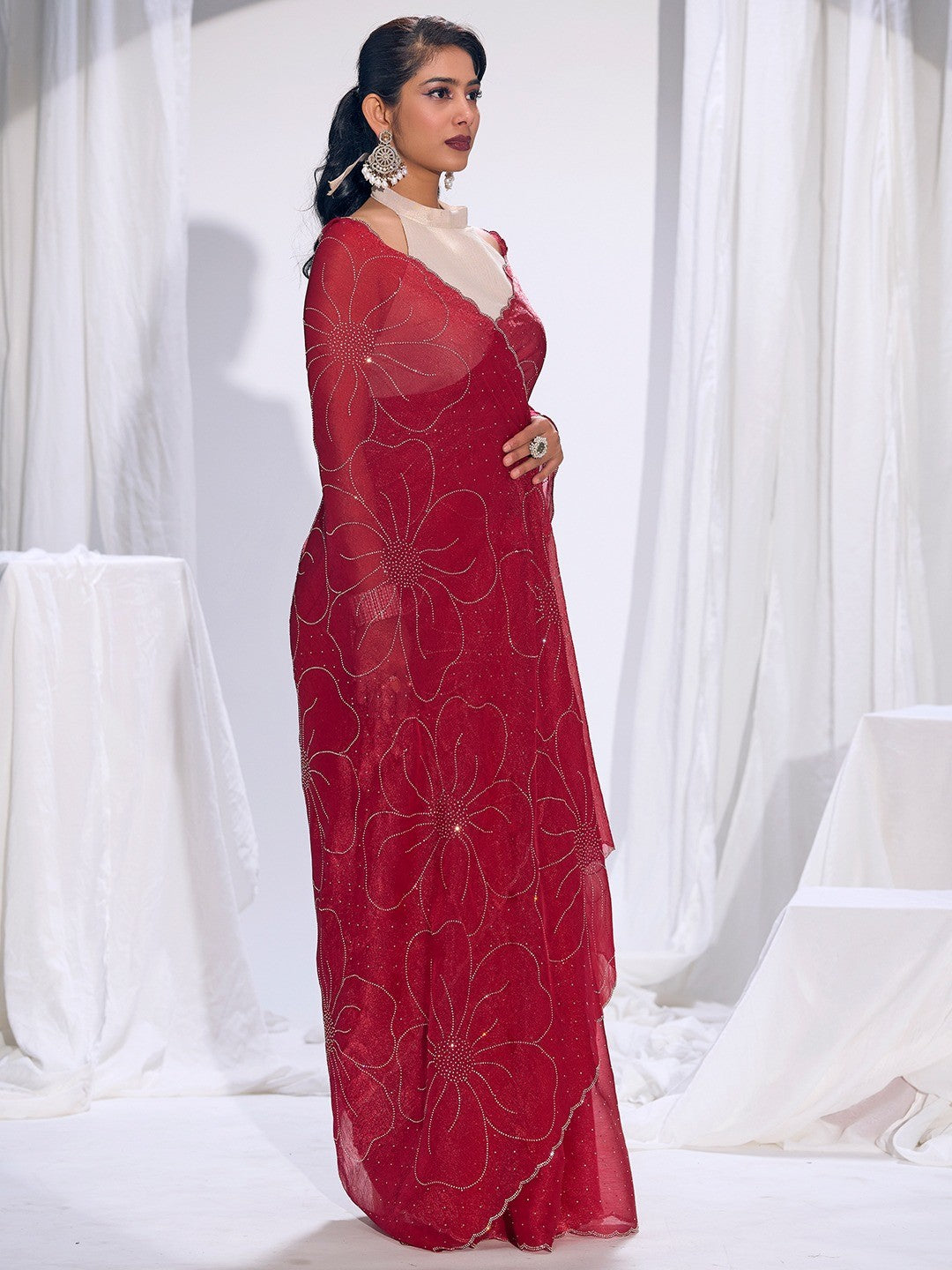 Stunning Cherry Red Satin Silk Saree Highlighting Floral Stone Work Craftsmanship - Image 2