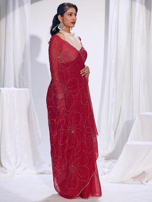 Stunning Cherry Red Satin Silk Saree Highlighting Floral Stone Work Craftsmanship - Image 2
