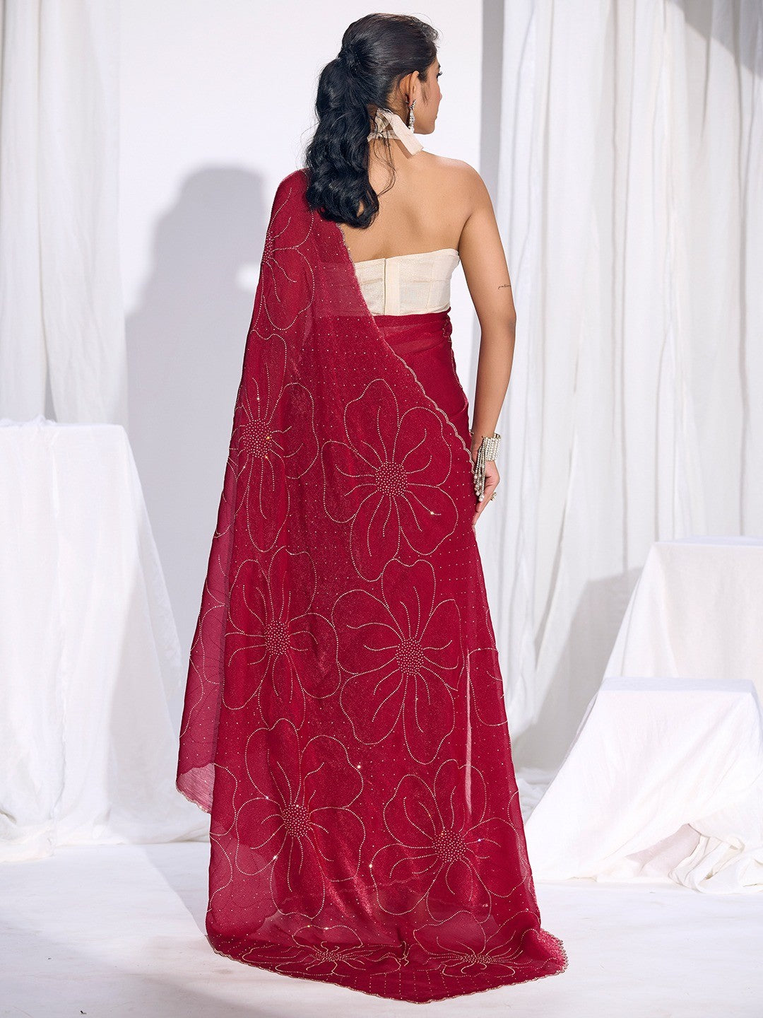 Stunning Cherry Red Satin Silk Saree Highlighting Floral Stone Work Craftsmanship - Image 5