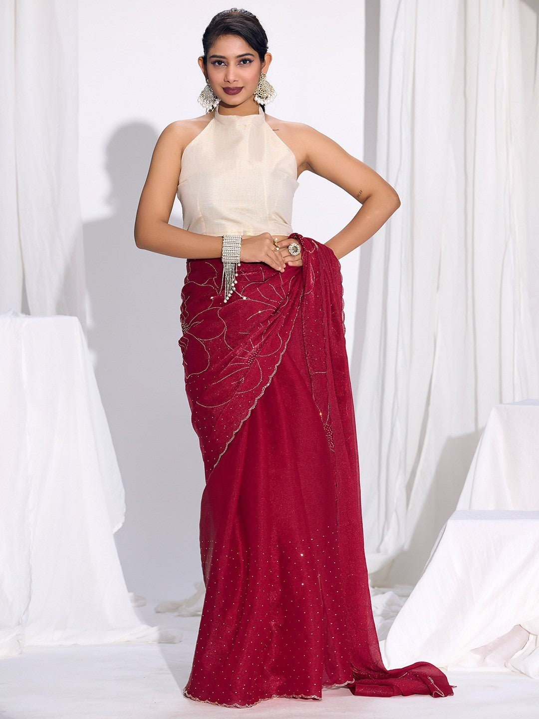 Stunning Cherry Red Satin Silk Saree Highlighting Floral Stone Work Craftsmanship - Image 3