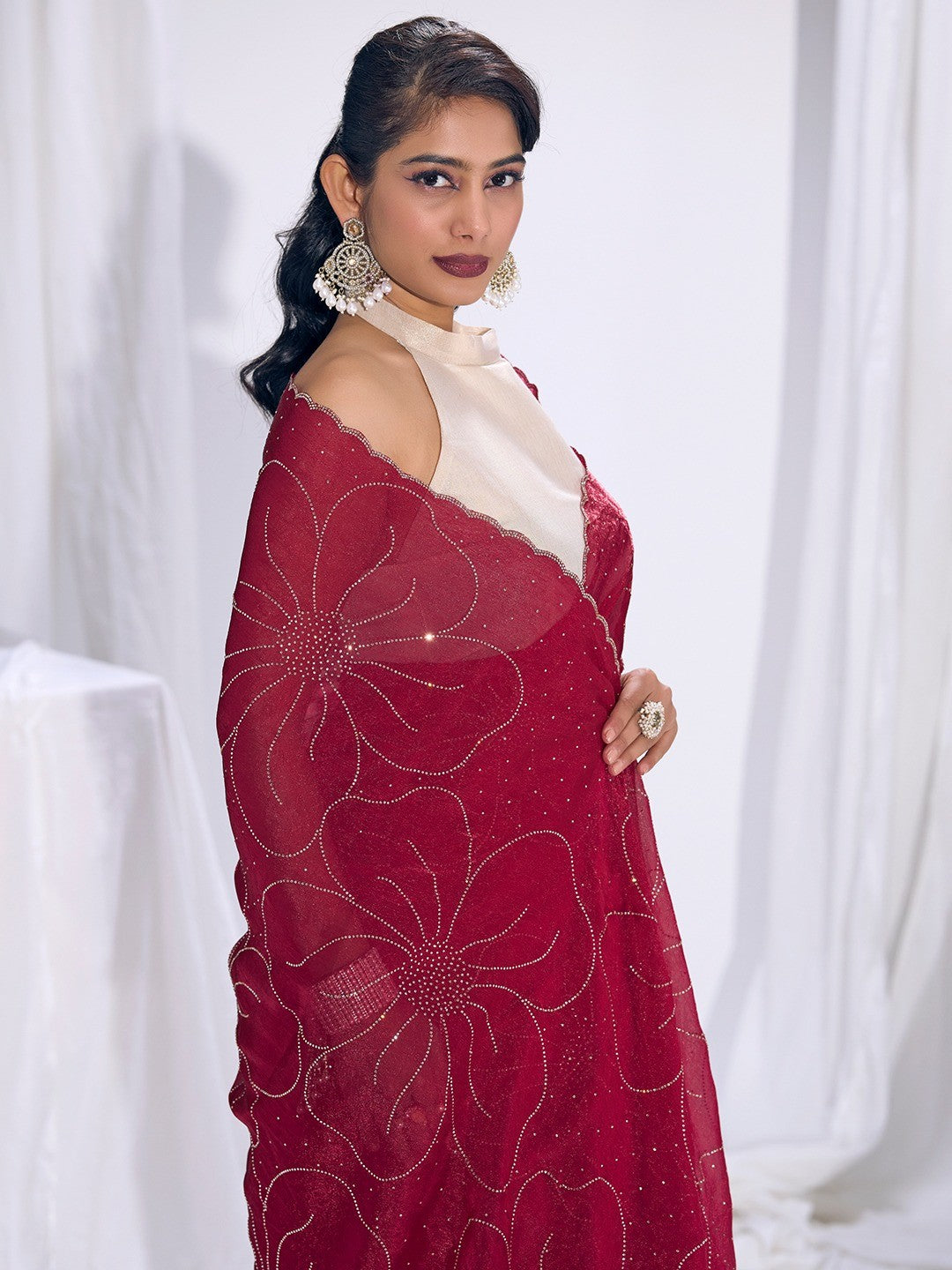 Stunning Cherry Red Satin Silk Saree Highlighting Floral Stone Work Craftsmanship - Image 4