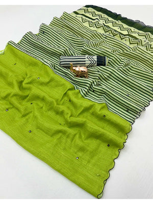 Stylish Green Linen Saree with Multicolor Printed Motifs Minimal Elegant Look - Image 2