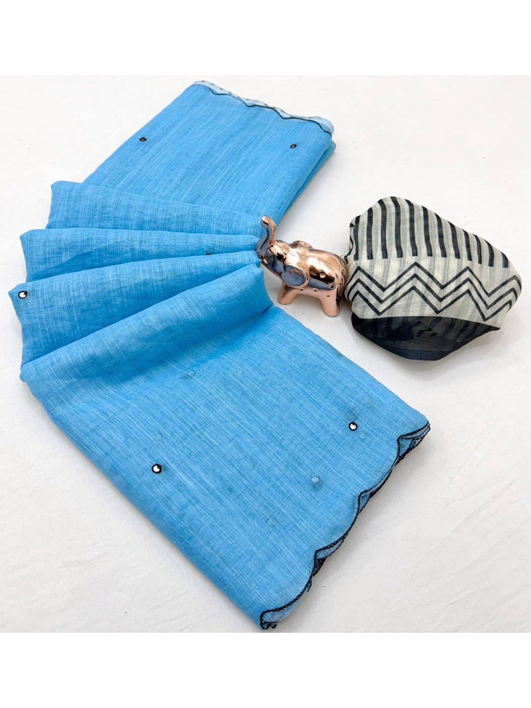 Stylish Sky Blue Linen Saree with Multicolor Printed Motifs Minimal Elegant Look - Image 2