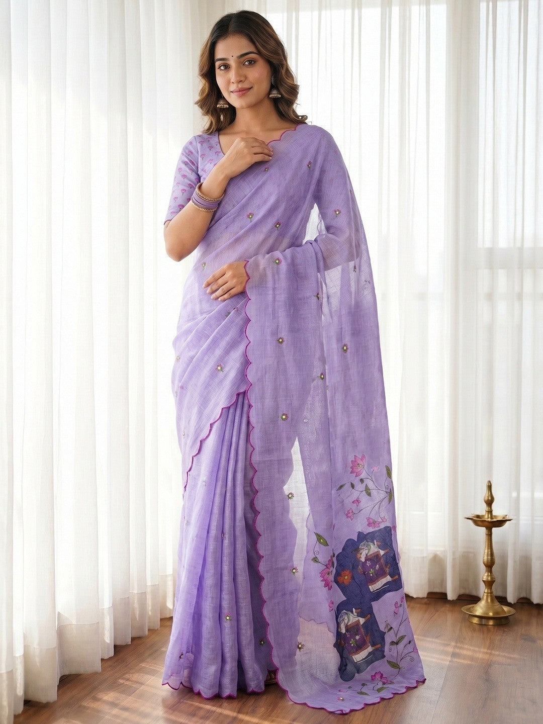 Stylish Lavender Linen Saree with Multicolor Printed Motifs Minimal Elegant Look - Image 1