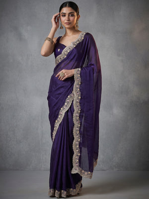 Elegant Purple Satin Saree with Embellished Border for Festive Occasions - Image 1