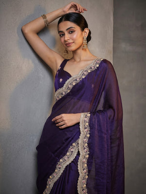 Elegant Purple Satin Saree with Embellished Border for Festive Occasions - Image 2
