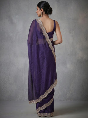 Elegant Purple Satin Saree with Embellished Border for Festive Occasions - Image 2