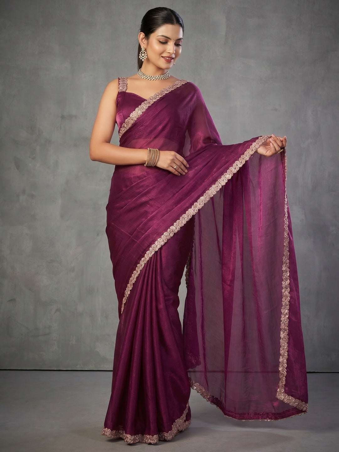 Elegant Magenta Satin Saree with Embellished Border Stylish Evening Wear - Image 1