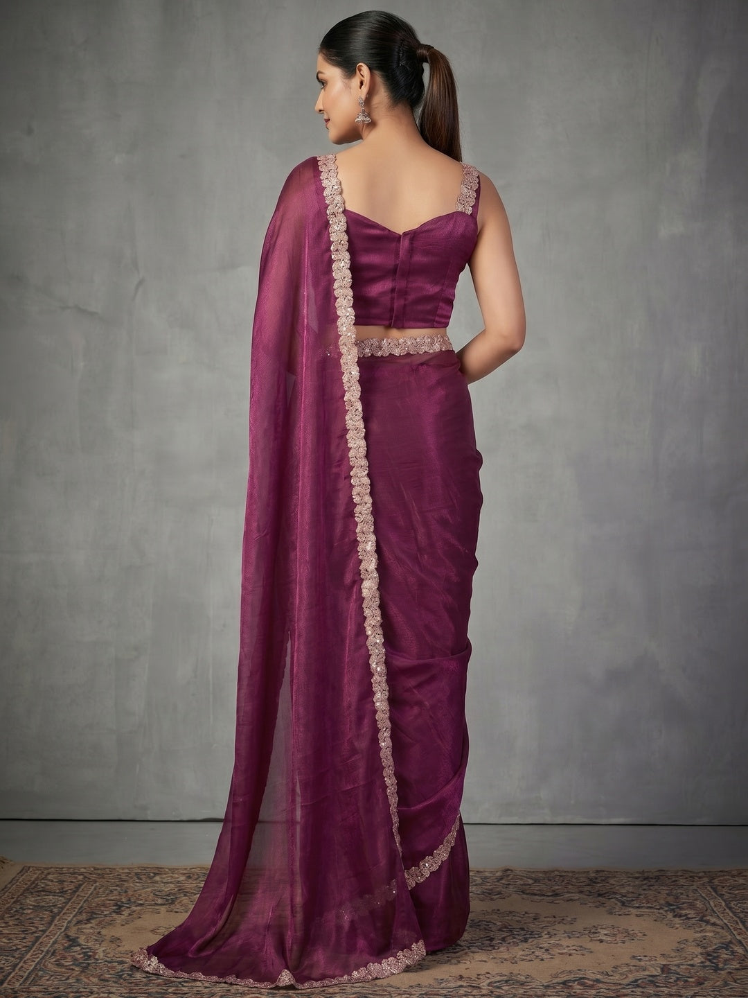 Elegant Magenta Satin Saree with Embellished Border Stylish Evening Wear - Image 3