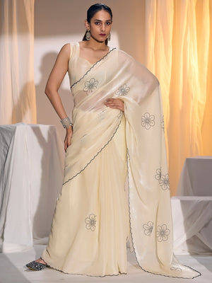 Elegant Cream Satin Silk Saree Featuring Floral Design & Stone Work Embellishment - Image 1