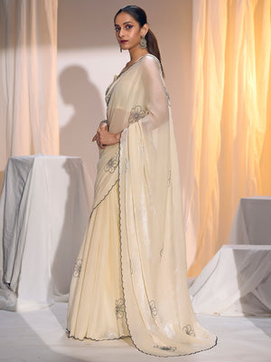 Elegant Cream Satin Silk Saree Featuring Floral Design & Stone Work Embellishment - Image 2