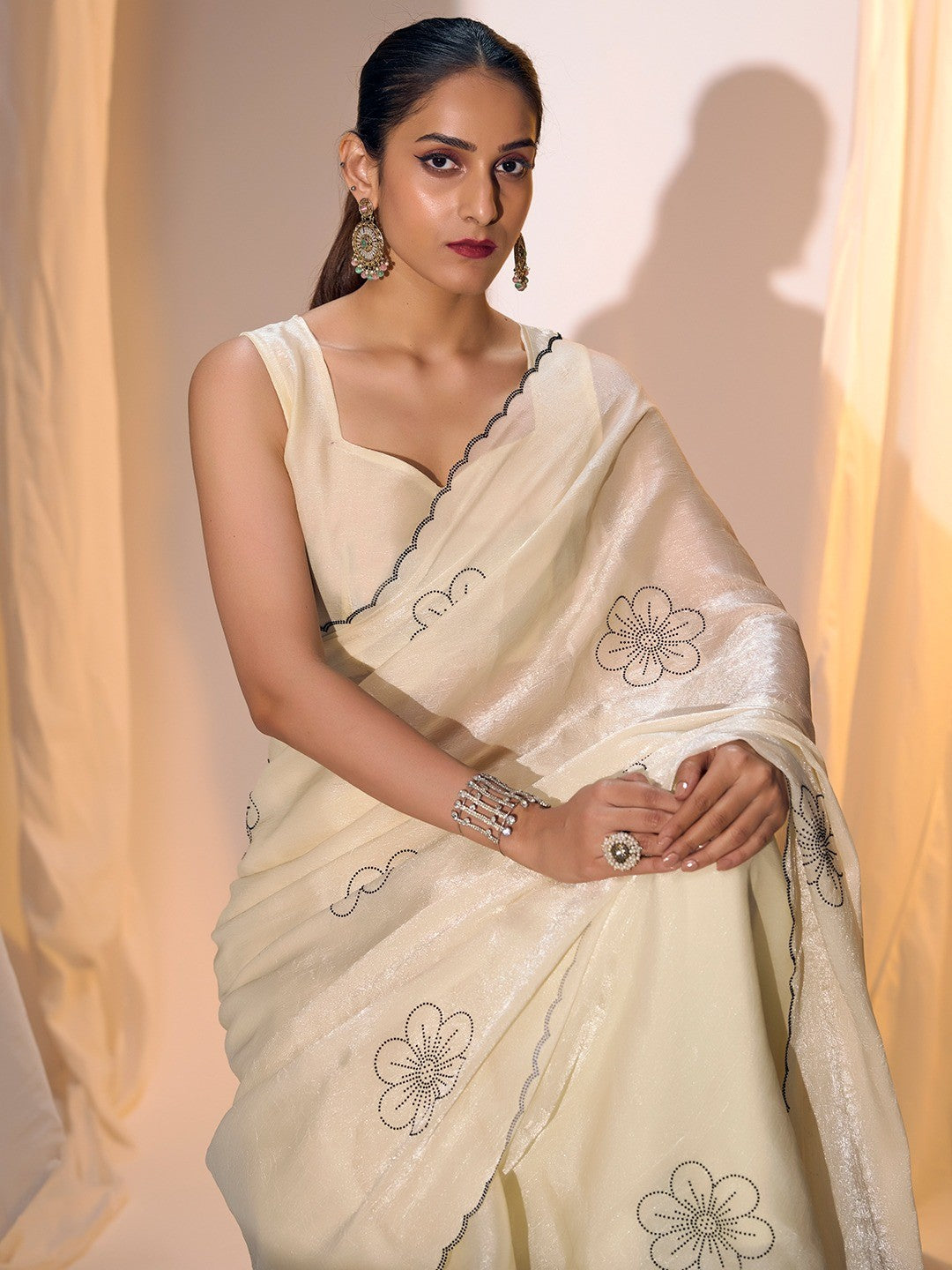 Elegant Cream Satin Silk Saree Featuring Floral Design & Stone Work Embellishment - Image 6