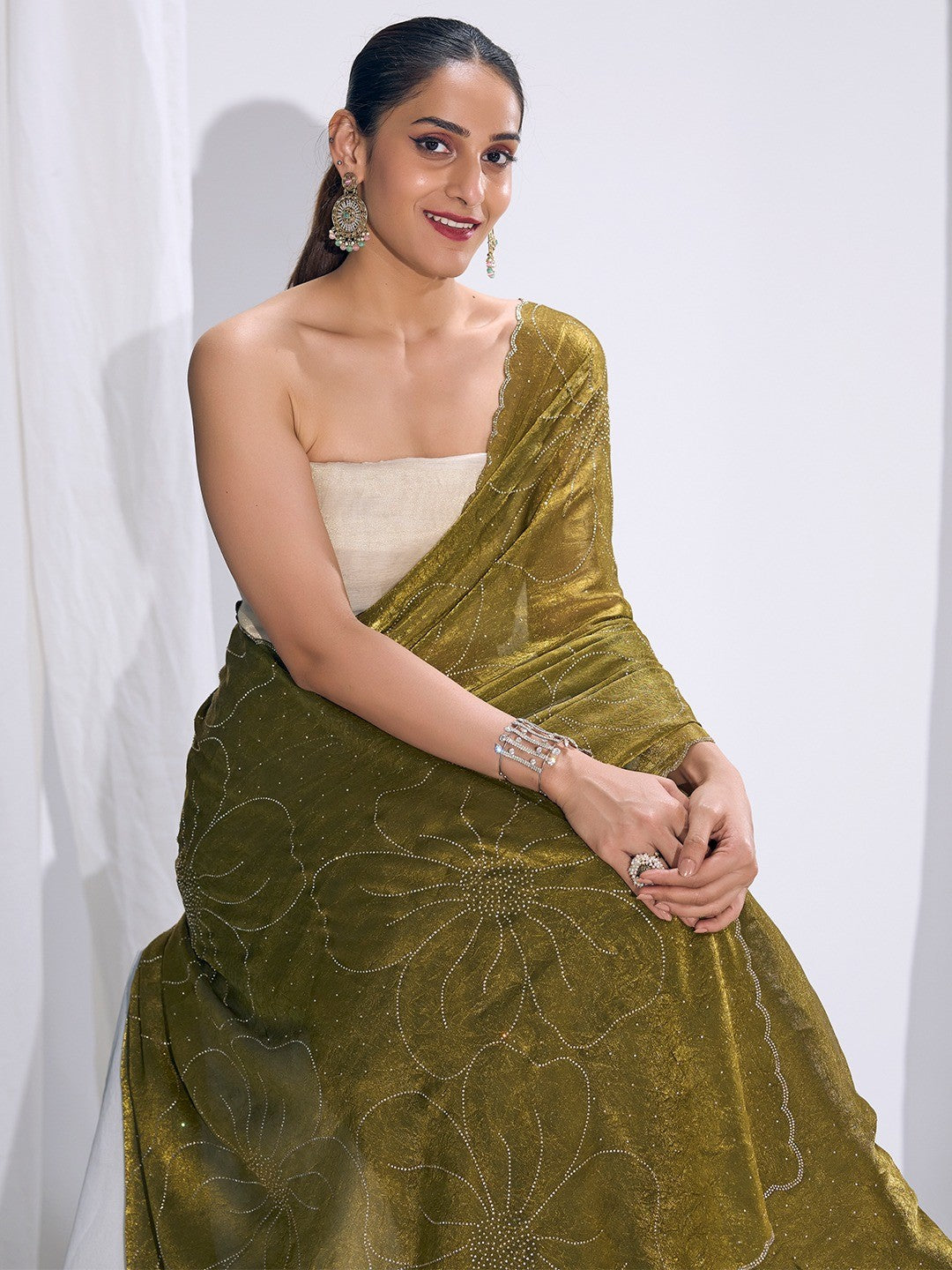 Stunning Olive Satin Silk Saree Highlighting Floral Stone Work Craftsmanship - Image 6