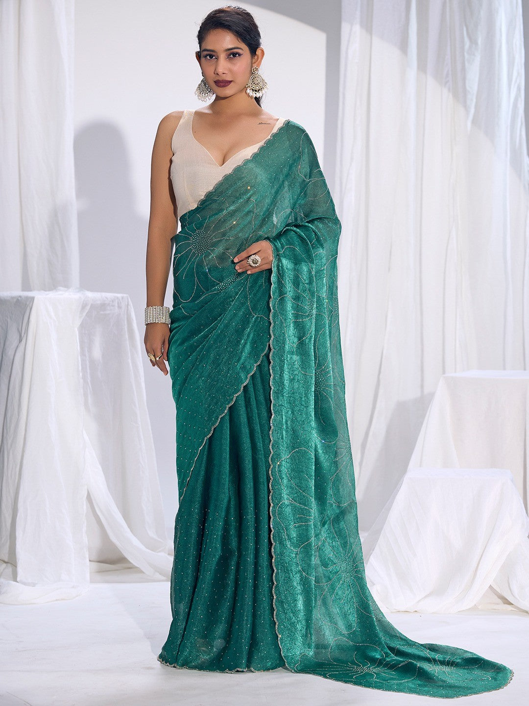 Stunning Teal Satin Silk Saree Highlighting Floral Stone Work Craftsmanship - Image 1