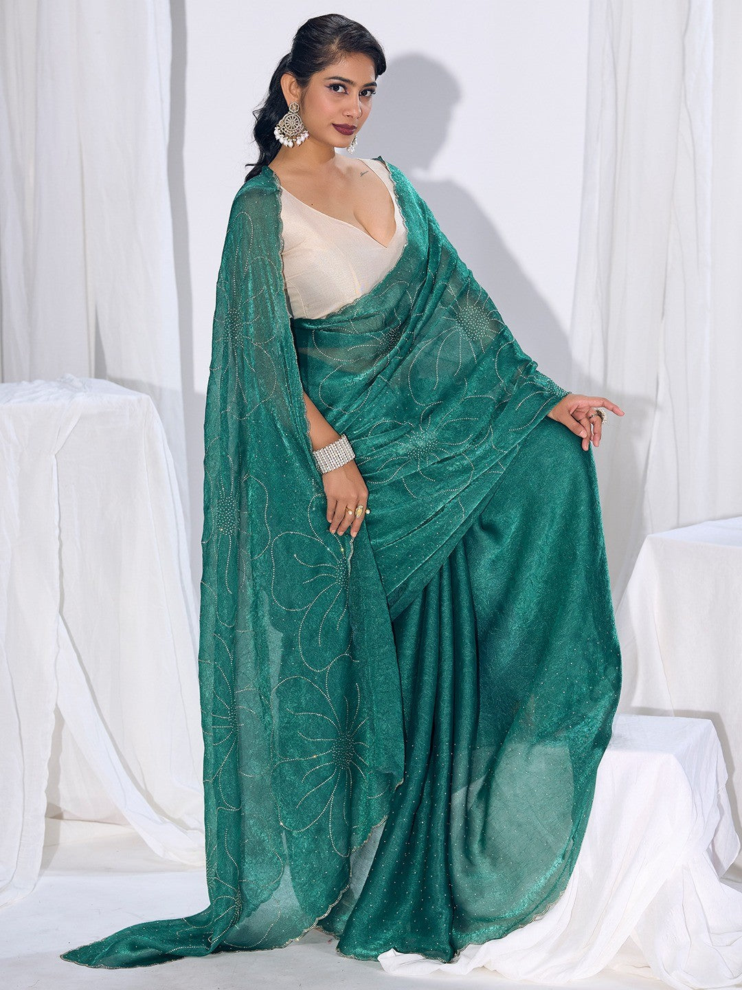 Stunning Teal Satin Silk Saree Highlighting Floral Stone Work Craftsmanship - Image 5