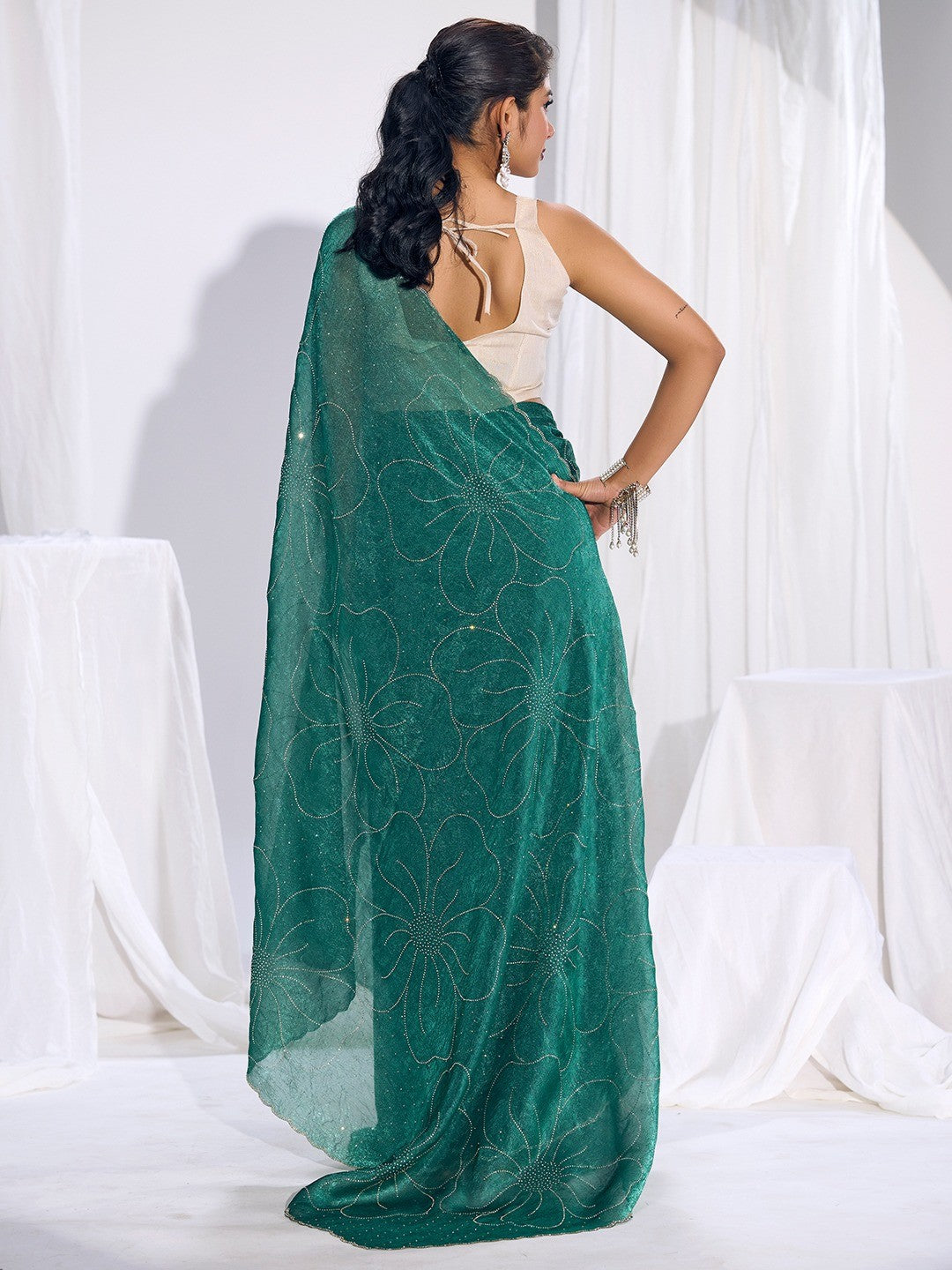 Stunning Teal Satin Silk Saree Highlighting Floral Stone Work Craftsmanship - Image 2