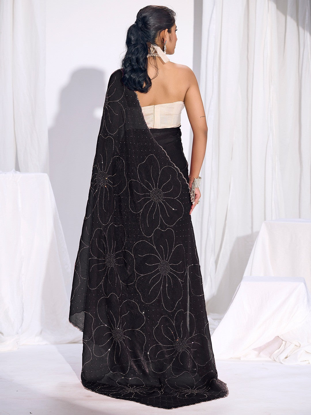 Stunning Black Satin Silk Saree Highlighting Floral Stone Work Craftsmanship - Image 4