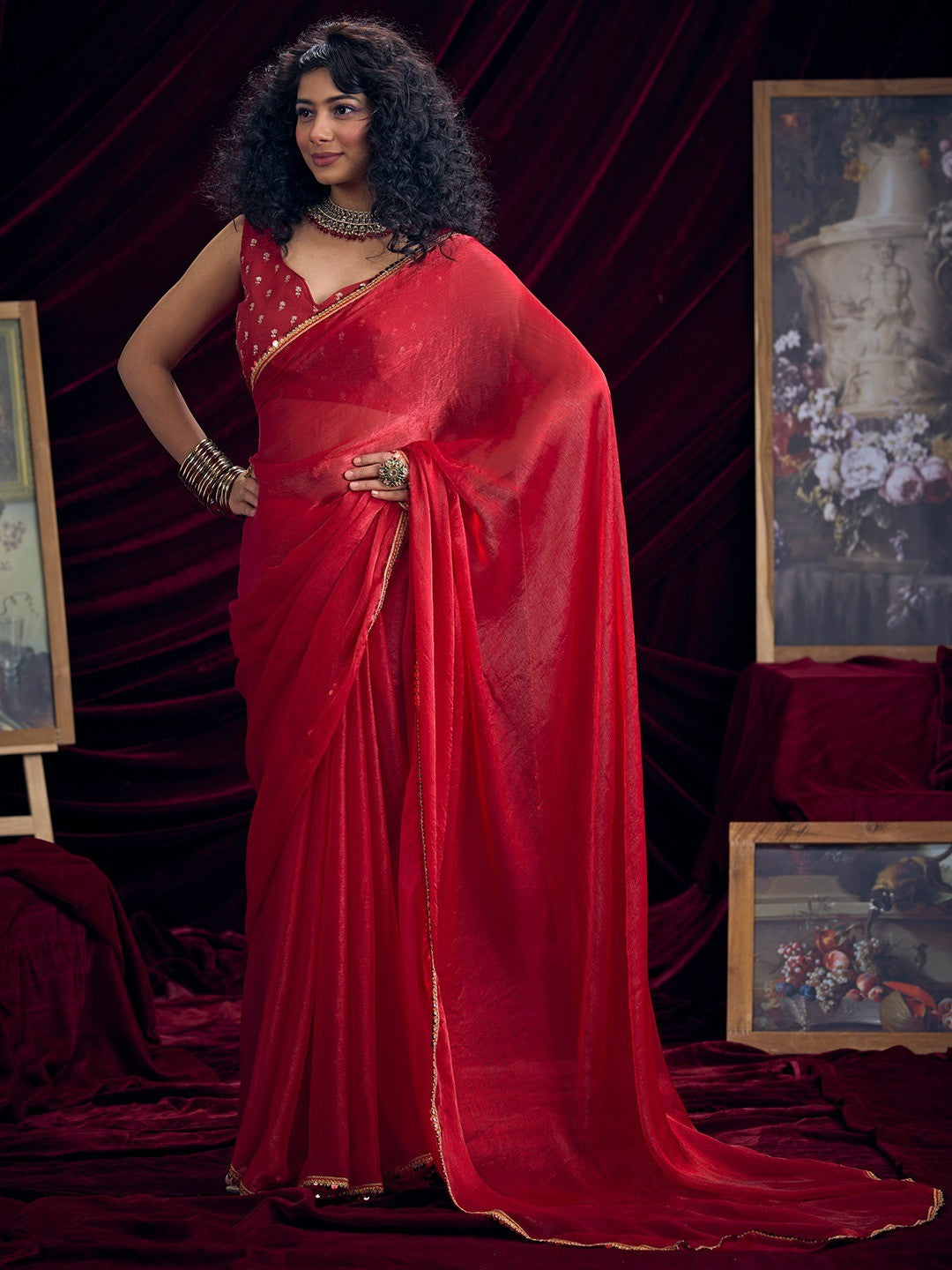 Classic Red Solid Art Silk Saree Featuring Sequins Embroidery & Gota Patti Lace Border - Image 1