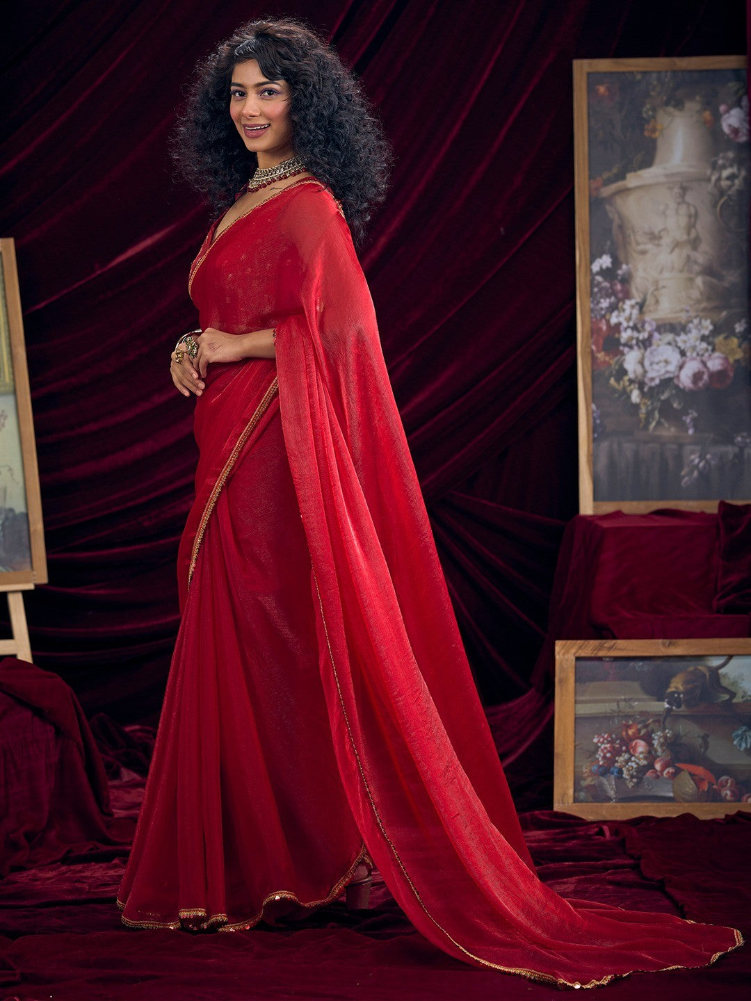 Classic Red Solid Art Silk Saree Featuring Sequins Embroidery & Gota Patti Lace Border - Image 5