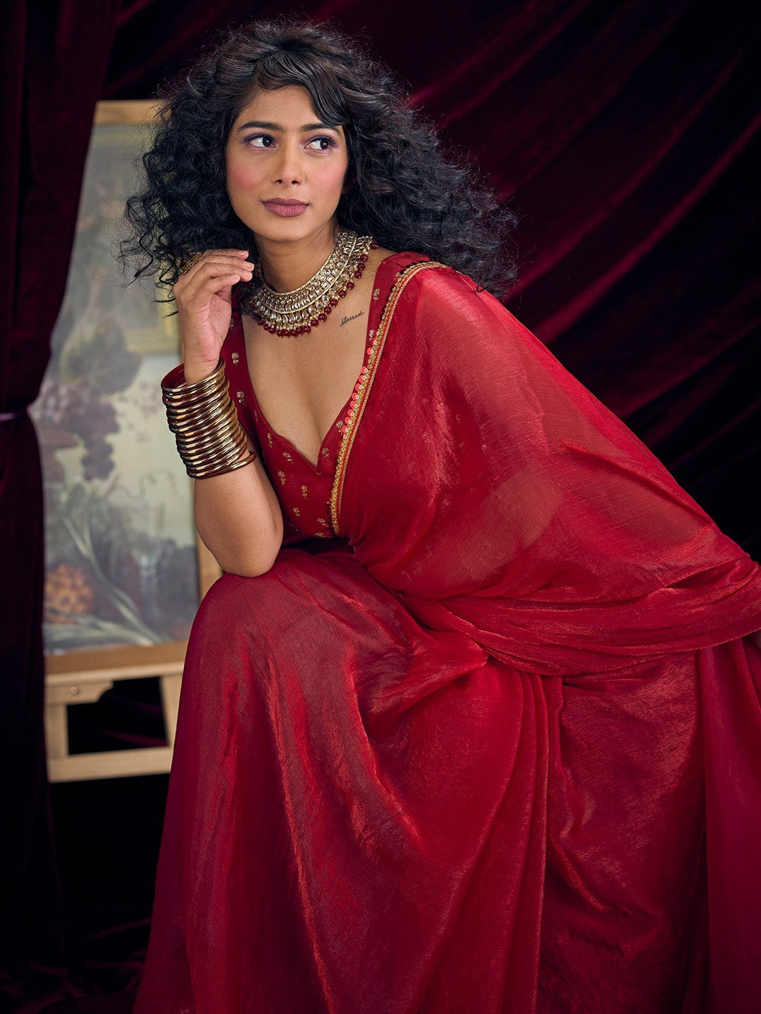 Classic Red Solid Art Silk Saree Featuring Sequins Embroidery & Gota Patti Lace Border - Image 4