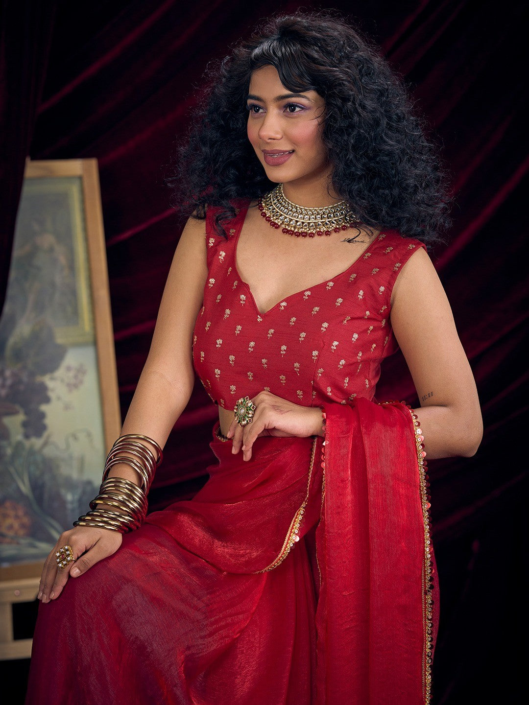 Classic Red Solid Art Silk Saree Featuring Sequins Embroidery & Gota Patti Lace Border - Image 3