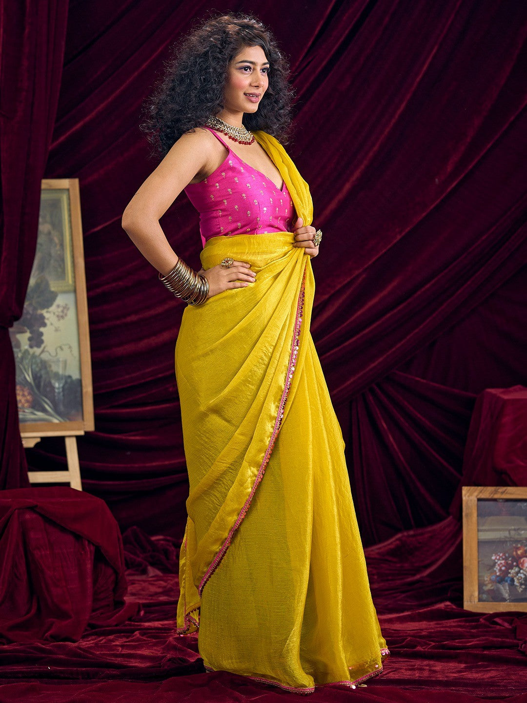 Classic Yellow Solid Art Silk Saree Featuring Sequins Embroidery & Gota Patti Lace Border - Image 4