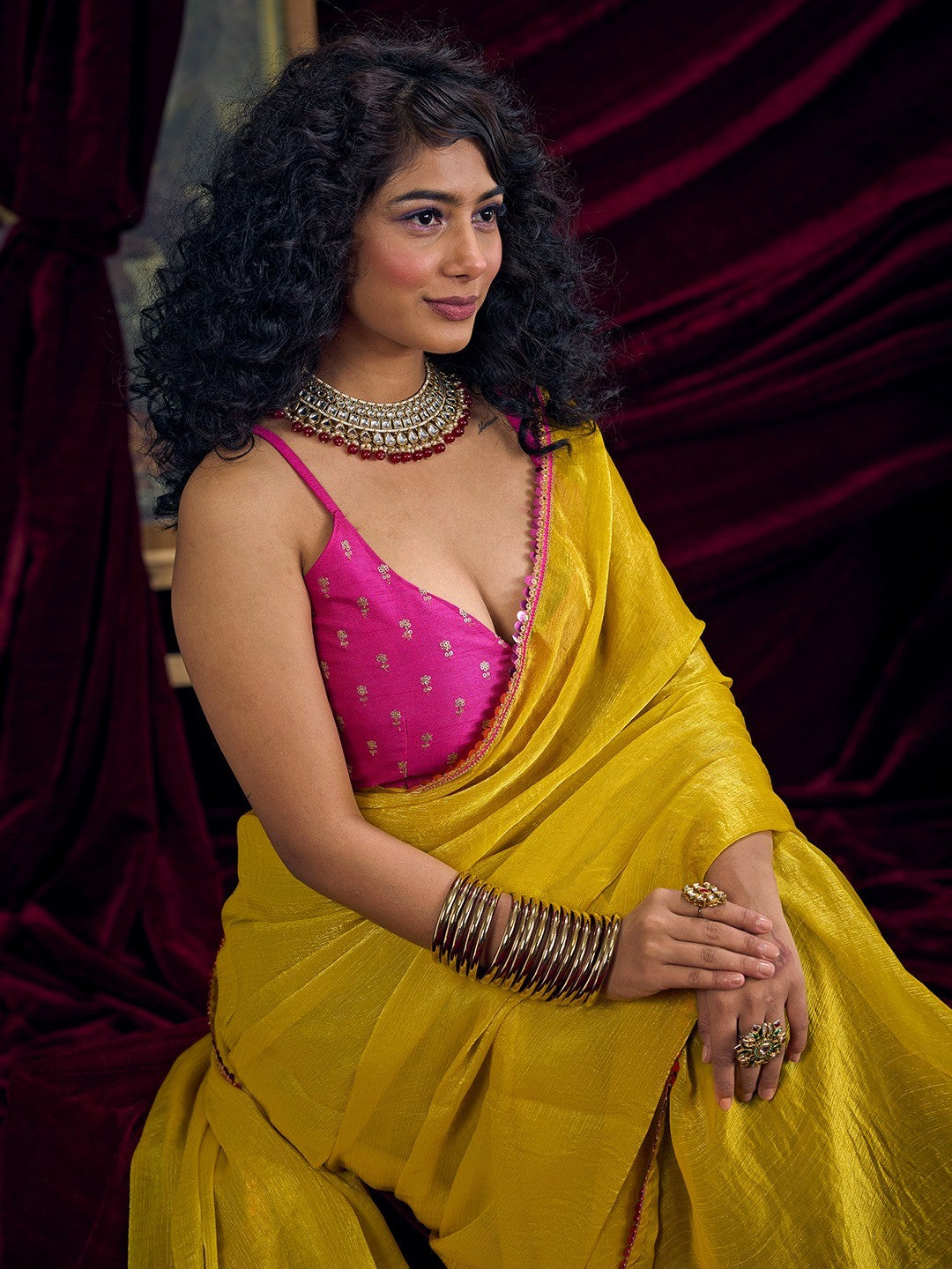 Classic Yellow Solid Art Silk Saree Featuring Sequins Embroidery & Gota Patti Lace Border - Image 6