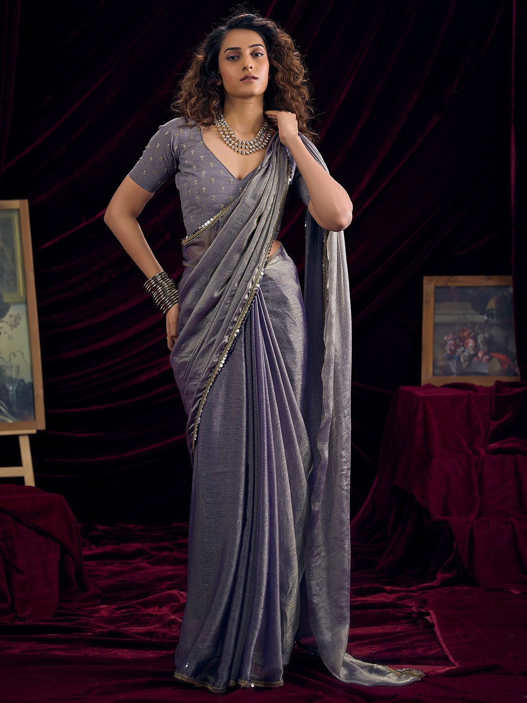 Classic Greyish Purple Solid Art Silk Saree Featuring Sequins Embroidery & Gota Patti Lace Border - Image 1