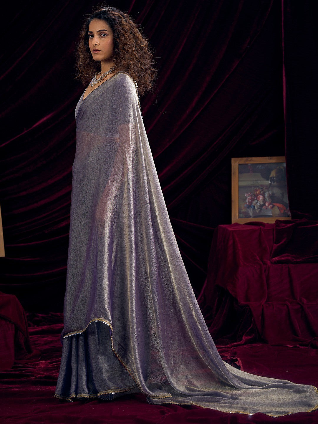 Classic Greyish Purple Solid Art Silk Saree Featuring Sequins Embroidery & Gota Patti Lace Border - Image 7