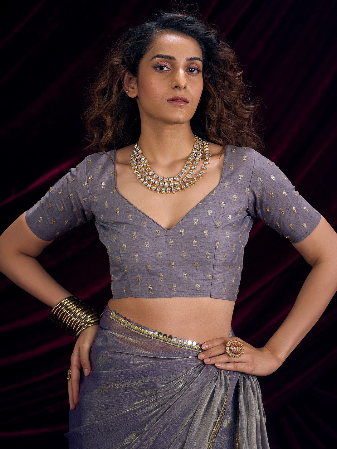 Classic Greyish Purple Solid Art Silk Saree Featuring Sequins Embroidery & Gota Patti Lace Border - Image 5